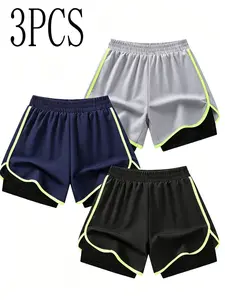 3-Pack Boys' Sporty Shorts, Fluorescent Colorblock Design, Perfect for Sports, Running, Jump Rope, Soccer, Skateboarding, Summer Wear