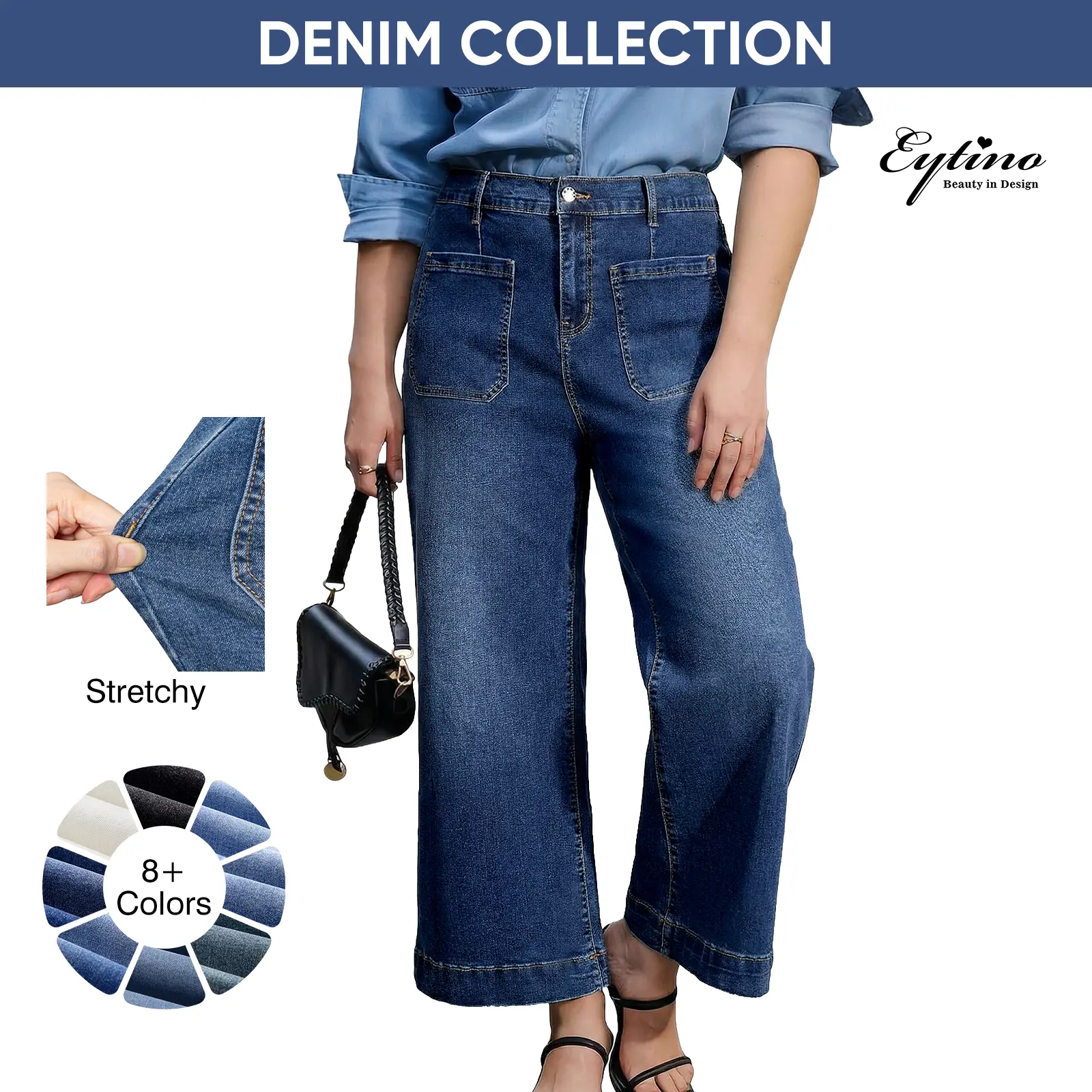Eytino Plus Size Jeans for Curvy Women High Waisted Wide Leg Stretchy Straight Leg Ankle Denim Pants with Pockets(Size 14-32)