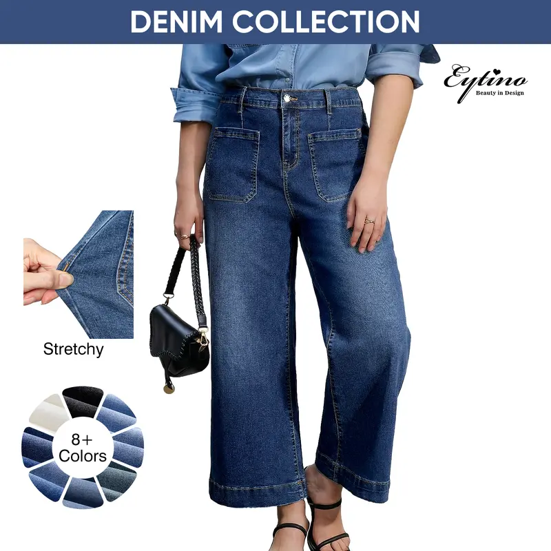 Eytino Plus Size Jeans for Curvy Women High Waisted Wide Leg Stretchy Straight Leg Ankle Denim Pants with Pockets(Size 14-32)