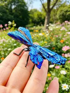 High-Quality Natural Crystal Blue Mini Dragonfly Statue, Handmade Crystal Insect Decor, Halo Coated Gemstone Ornament, Home & Gift Decoration, Crystal Figurines