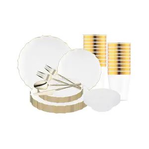 Clear with Gold Rim Round Lotus Plastic Tableware Set
