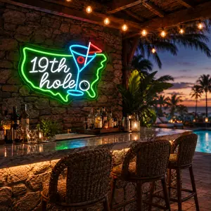 19th Hole Golf Neon Sign, USA Map LED Wall Light with Cocktail Glass and Golf Ball Design, Dimmable USB Powered Neon Wall Decor for Golf Lovers, Home Bar, Man Cave, Garage, Game Room, Clubhouse, Dad Husband Birthday Gift Decor, Sports Fan Wall Art Decor