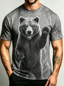 Men's 3D Bear Print T-Shirt, Round Neck Short Sleeve Animal Pattern Top, Summer Casual Fitted Long Tee, Comfortable Daily Wear