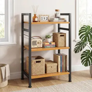 3/4 Tier Media Storage Shelf, CD DVD Organizer Rack, Narrow Movie Game Storage Stand for Living Room Bedroom, Wood and Metal Display Shelf