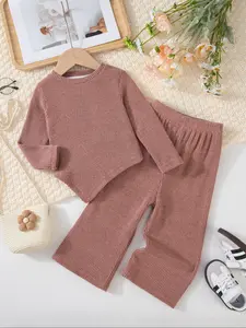 Girls' Cute Striped Knit Sweatshirt Set, Long Sleeve Round Neck Pullover + Elastic Pants, Spring & Fall for Ages 3-8