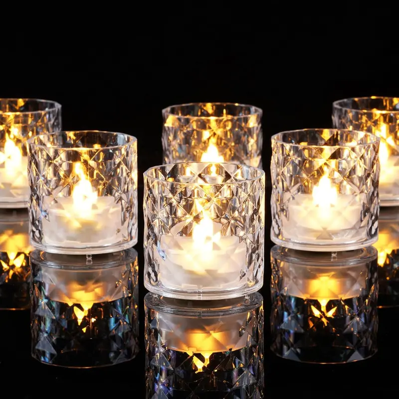 12-Pack 2"x2" Plastic Acrylic Votive Candle Holder Set, Battery-Powered Flameless LED Tealights with 6h Auto-Timer, 12pack for Tables, Home Essentials for Wedding Centerpiece, Adds Warm Ambiance to Wedding Tables with Soft White Glow