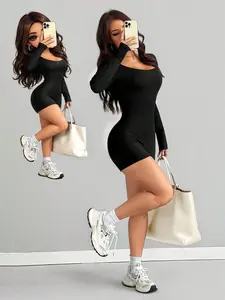 Women's Long Sleeve Jumpsuit, Front Back Dual U-Shape Neckline, Long Sleeves + Short Pants Design, Slimming Waist Lift Hip Step-Up