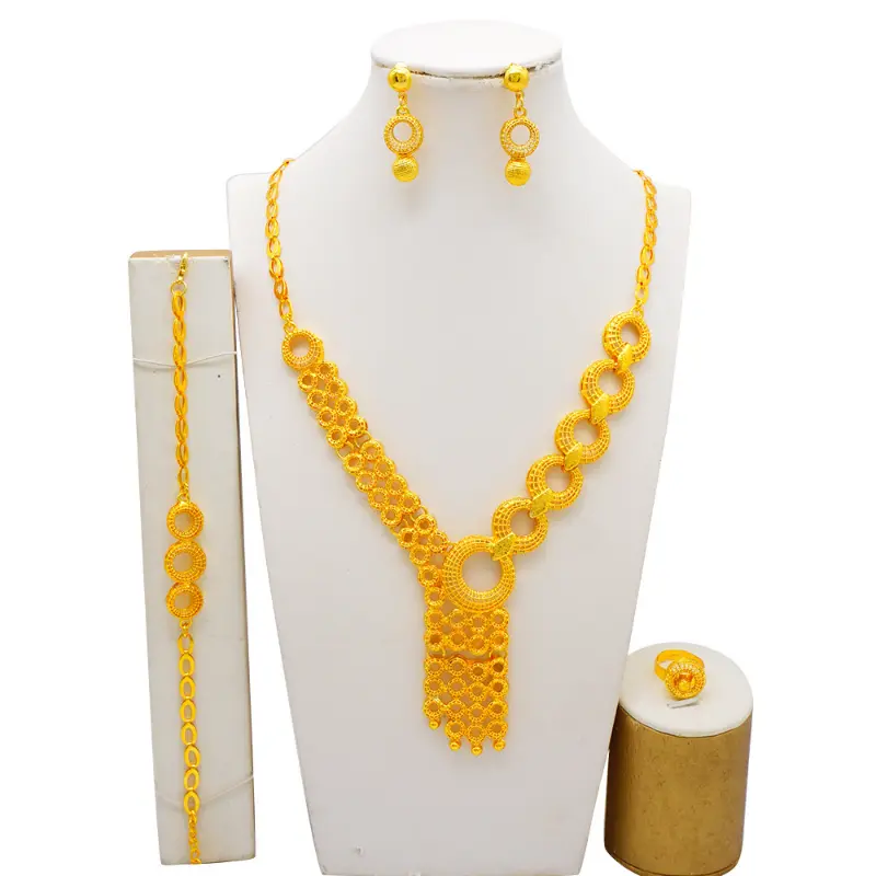Elegant 4-Piece Gold-Plated Jewelry Set for Women, Hollow Filigree Design with O-Chain Fringe Pendant Necklace, Drop Earrings, Bracelet & Ring, Elegant Jewelry Set