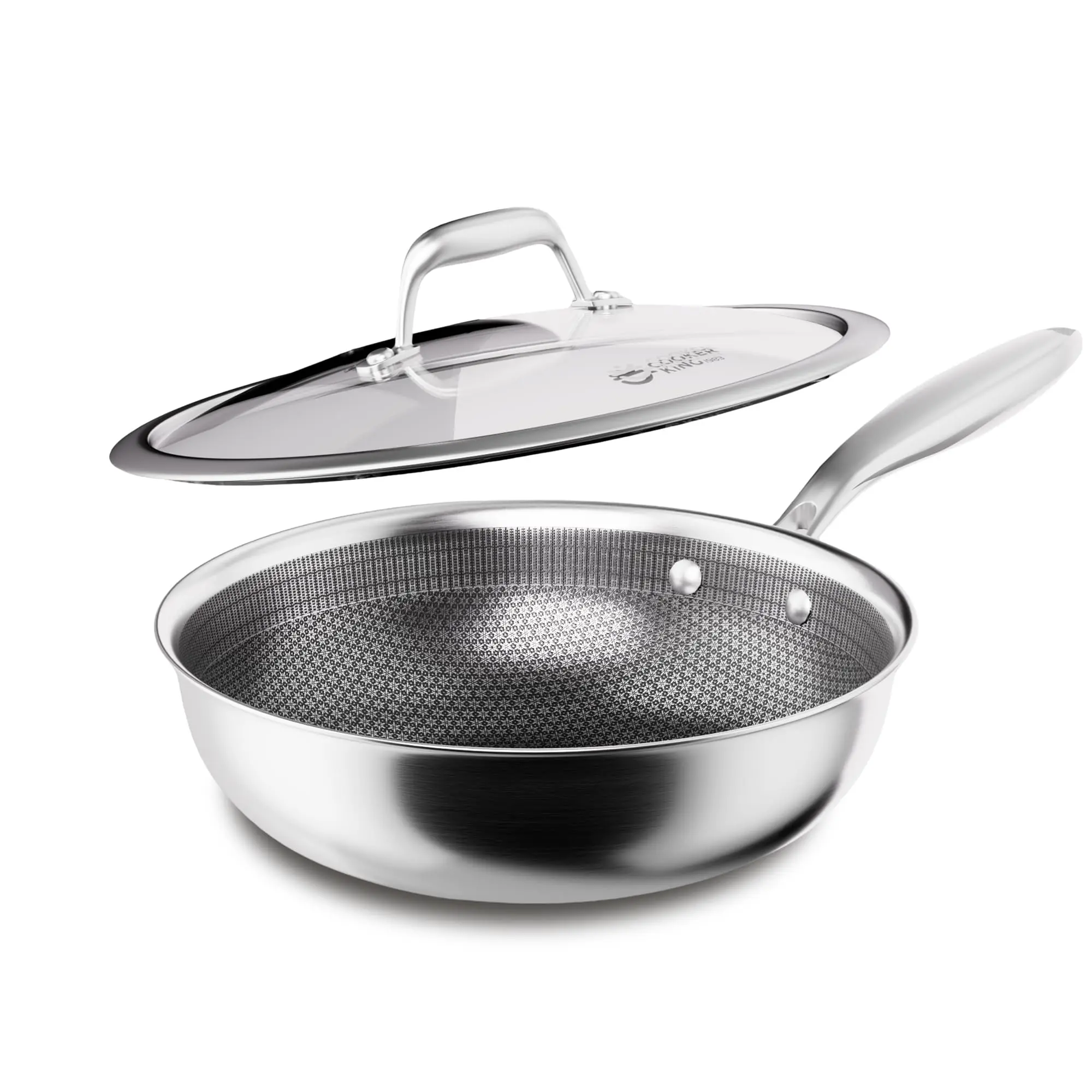 COOKER KING Tri-Ply Stainless Steel Frying Pan with Tempered Glass Lid - Dishwasher Safe, Textured Sauté Pan for Searing, Simmering, 10.2/11/12 in