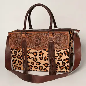 Leopard Print Cowhide & Tooled Leather Tote Bag - Western Fringe Handbag with Shoulder Strap