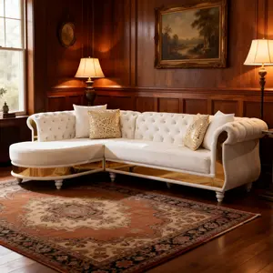 Summervibes Tufted Off-White Velvet L-Shaped Sectional Sofa with Gold Trim, Solid Wood Frame, Accent Pillows and Wooden Legs, Modern Contemporary Boneless Sofas for Living Room, Sofas Living Room