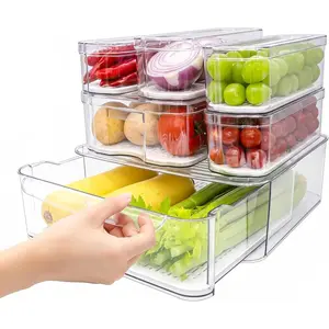 6 Pack Refrigerator Organizers, Clear Pull-out Drawer Container and Organizer Bins with Lids, Stackable Storage Containers for Fruits, Vegetable (Set of 6 (Include Pull Out Drawer))