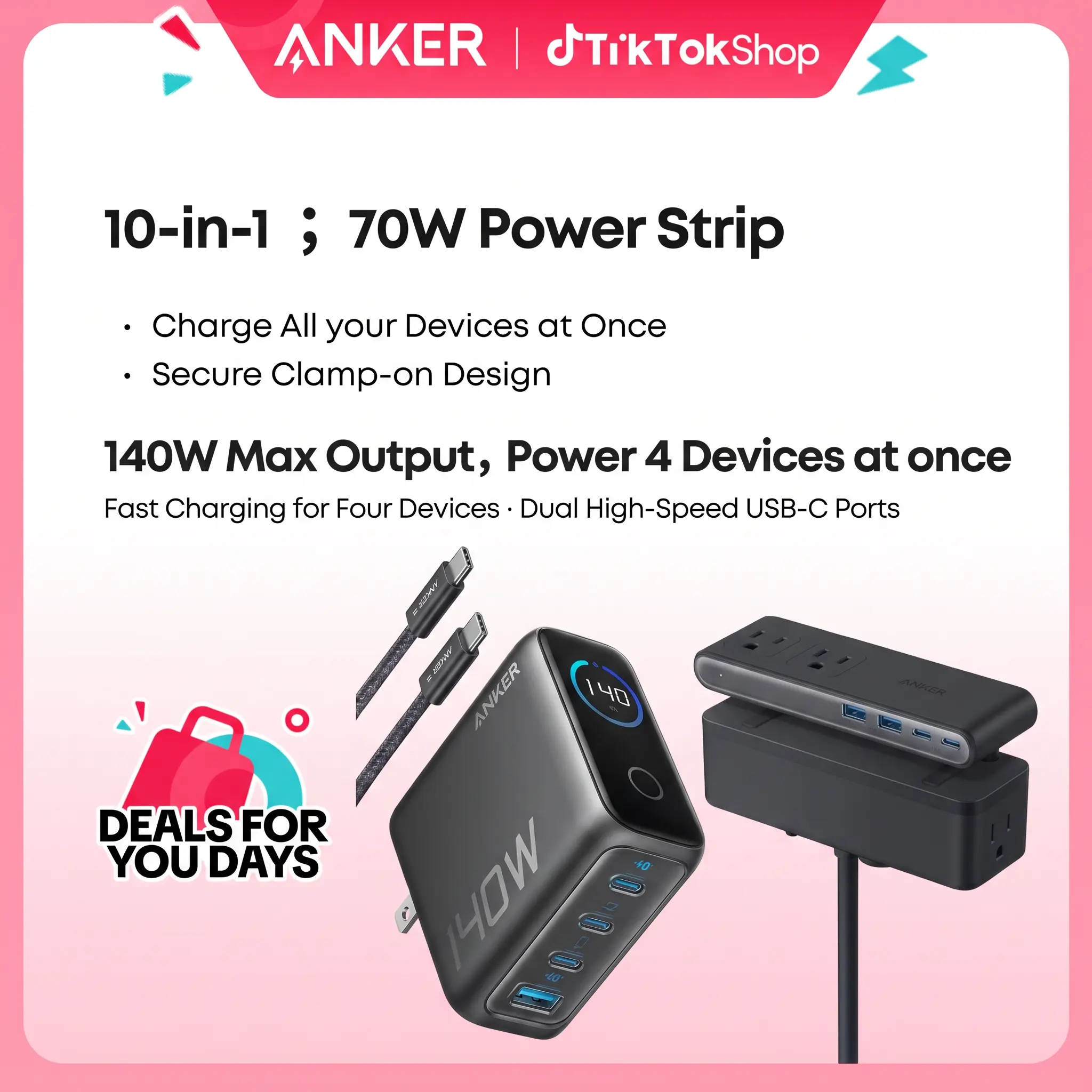 Anker Nano Power Strip, 1500J Surge Protection,5 ft Extension Cord, 70W Max Gaming Desk Accessory, 6 AC, 2 USB A, 2 USB C+Anker 140W GaN Laptop Charger, 4-Port Power Adapter with Intuitive Touch Controls and Fast Multi-Device Charging