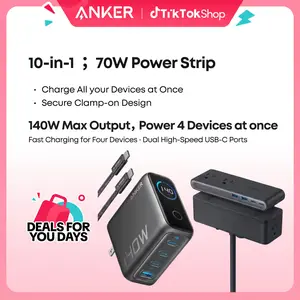 Anker Nano Power Strip, 1500J Surge Protection,5 ft Extension Cord, 70W Max Gaming Desk Accessory, 6 AC, 2 USB A, 2 USB C+Anker 140W GaN Laptop Charger, 4-Port Power Adapter with Intuitive Touch Controls and Fast Multi-Device Charging