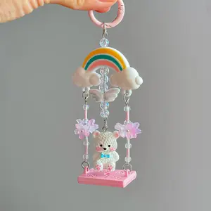 New product rainbow swing bear cute keychain pendant dopamine color scheme fresh flower beaded bag pendant mobile phone chain gi