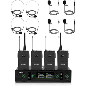 Wireless Lavalier Microphone System with Headset & Lapel Mics, 4 Channel UHF Cordless Microphone and Metal Receiver Set, 300ft Range for Singing, Church, Karaoke, Preaching, Wedding
