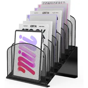 Inclined Desk File Organizer Metal Desk Magazine Folder Holder with 8-Section Vertical Compartments Rack File Organizer for Office, Home, School, Black
