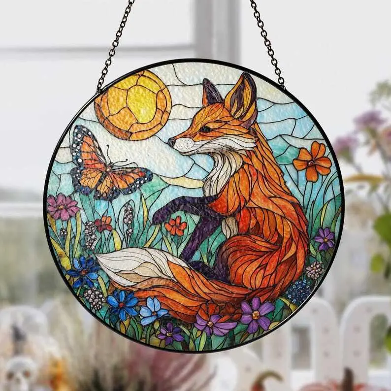 Fox Stained Glass Suncatcher, Symbol Fall Stained Glass, Fox Wildflowers Window Hangings, Gift for Mom, Thanksgiving, Fox lovers gift