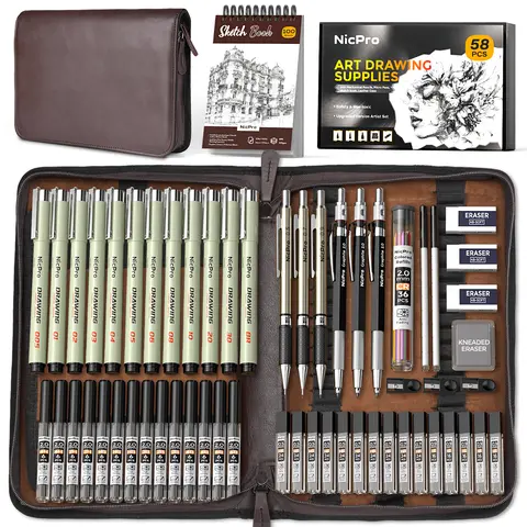 Nicpro Leather Case Art Craft Supplies Assortment Pack - Compact Layout Assorted Mechanical Refillable Pencils (0.5/0.7/0.9/2mm, 6pcs), Assorted Lead Refills, 12 Micron Pens, Sketchbook, Erasers for Artists' Drafting Tools