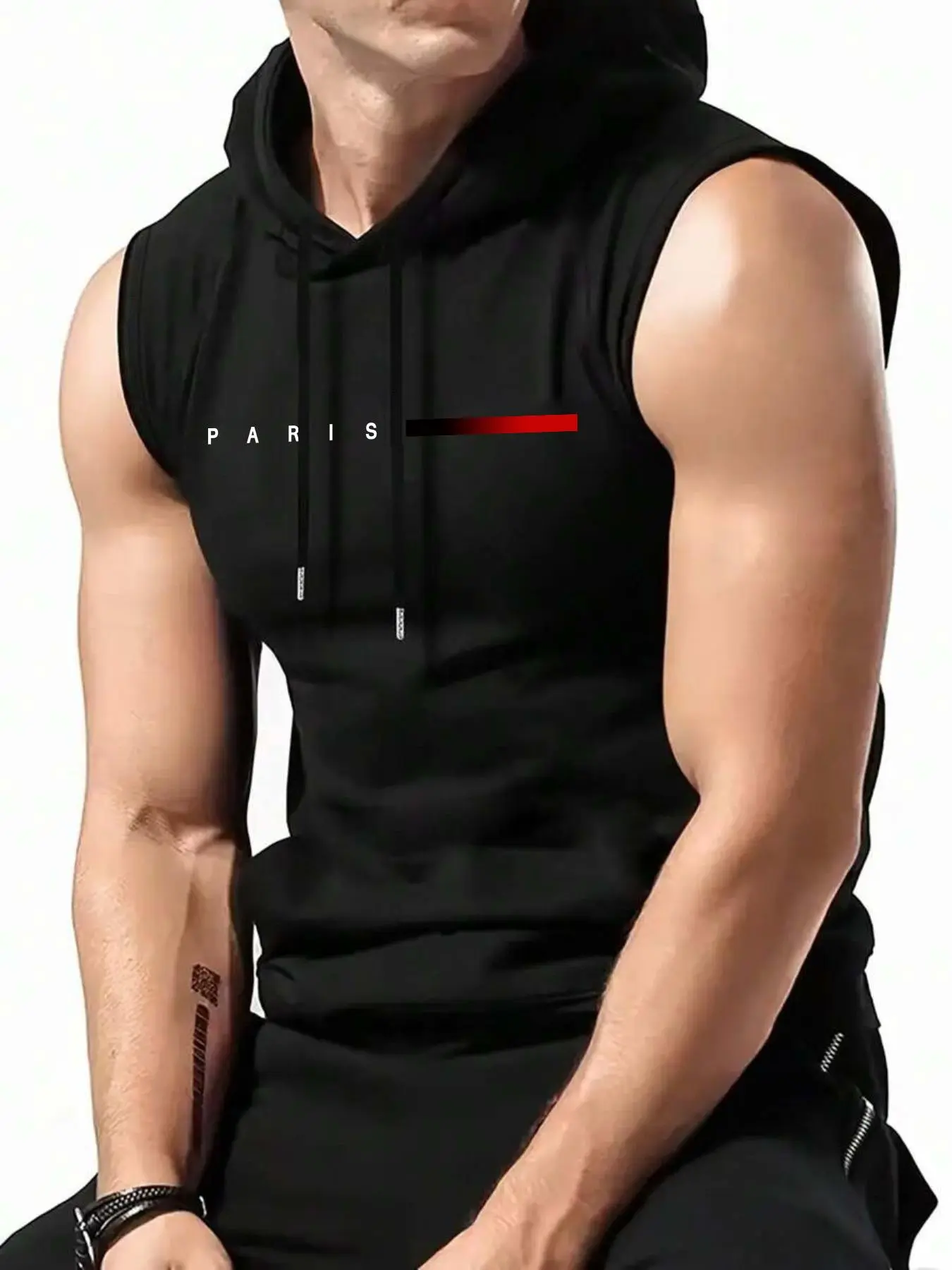 Men's Letter Print Tank Hoodie, Letter Graphic Hoodie, Regular Fit Casual Sleeveless Hooded Top for Summer, Fashion Men's Clothes for Gym Workout Running, Gym Clothing, Gym Performance Top, Casual Workout Tops, Casual Fitness Wear