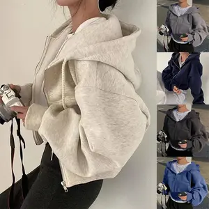 New style2025 Spring Autumn New Insfleece-lined Versatile Cropped Slims Smooths Silhouette Zip-up Warm Navy Blue Hooded Sweatshirt