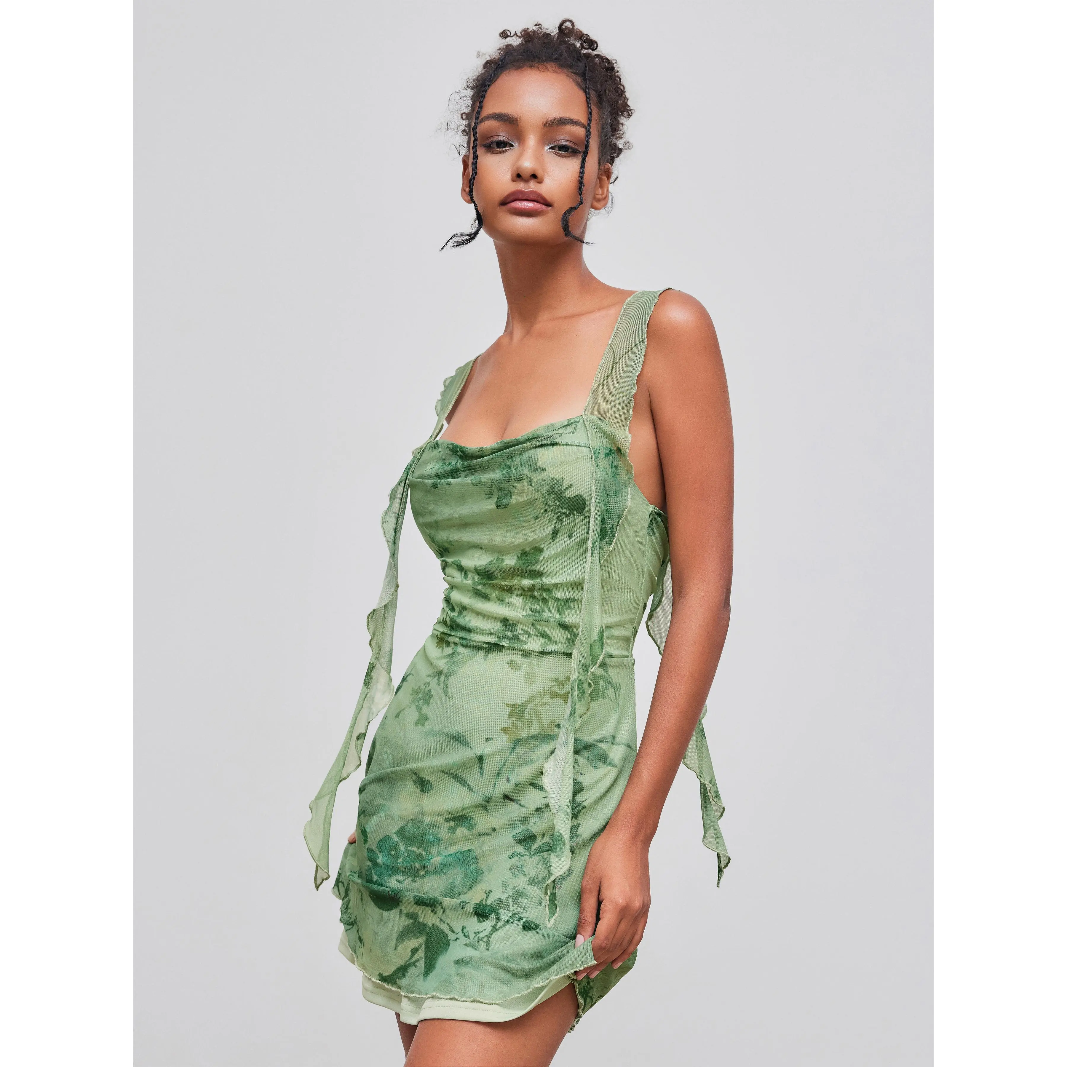 Cider [size 0-10] Mesh Cowl Neck Floral Ruffle Hem Ruched Mini Dress -  TikTok Shop