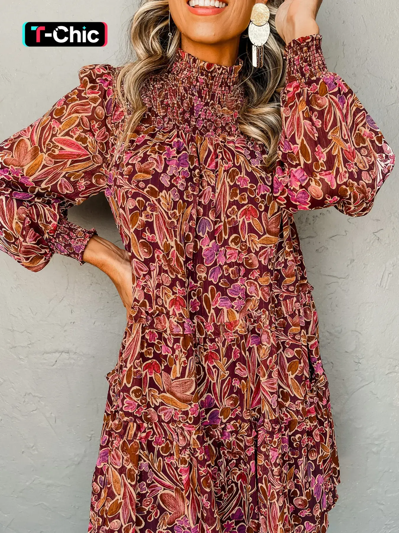 Elegant Bohemian Boho Ditsy Floral Long Sleeve High Neck Ruched Dress, Spring & Fall Casual Fashion Style, Loose Fit Short Dress, Hotapei Women's Clothing Chic Womenswear