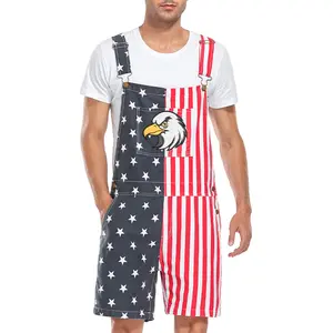 Yuanbang Unisex American Flag Overalls Men's Eagle Embroidered Coveralls Shorts, Adjustable Denim Stretch Rompers with Pockets and Zipper