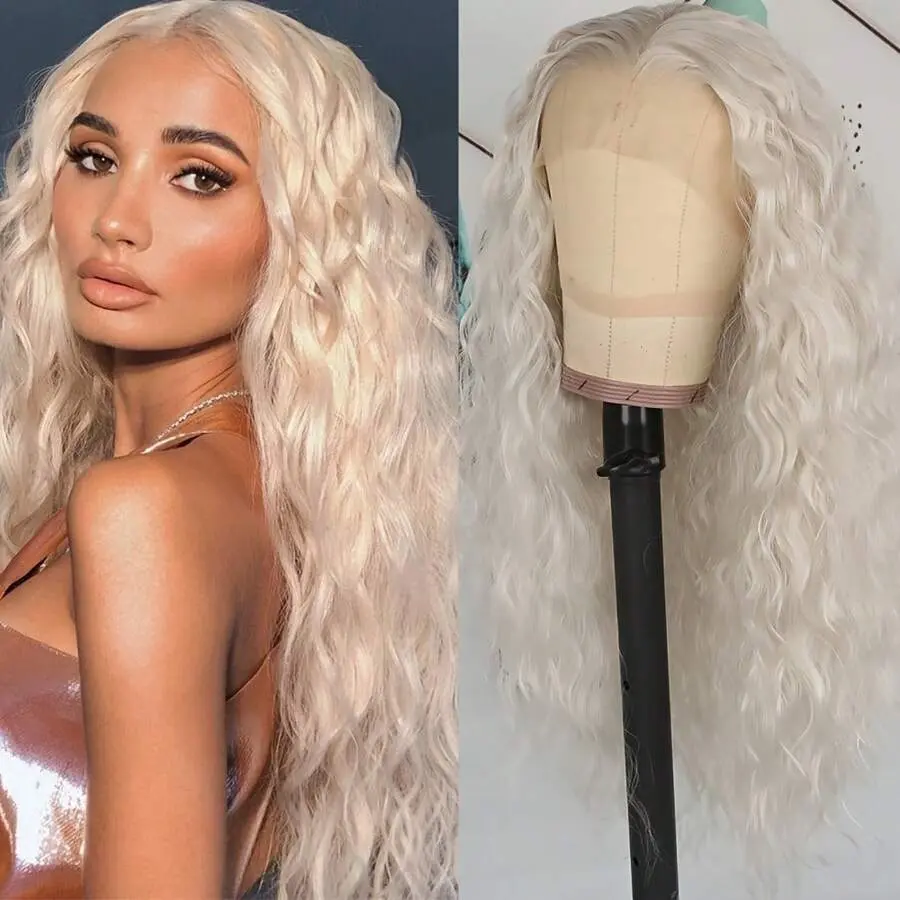 13x4 Lace Front Wig, 26-Inch Platinum Blonde Deep Wave Synthetic Hair, Pre-Plucked Glueless Perm Style for Women, Daily & Cosplay Wear, Kinky Curly, 26 Inch Wig, Long Wig