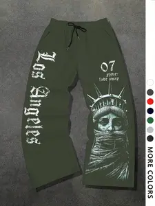 Men's Casual Loose-Fit Graphic Sweatpants, Los Angeles Goddess Pattern, Drawstring Wide Leg Pants, All-Season Men's Clothing