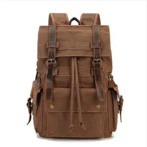 2026 New Retro Waxed Canvas Backpack with Crazy Horse Leather 15.6 Inch Laptop Bag for Travel Outdoor Leisure Durable Unisex Anti-Scratch Handbag for Men Women Daily Commute