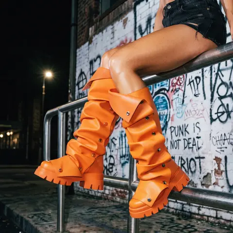 Knee High Platform Slouchy Boots For Women Fold Over Boot Round Toe Chunky Block Heel Detachable Snap Off Design Wide Calf Tall Boots Combat Style Fashion Shoes Party Work Casual Girl Fall Fashion Trendy Boots