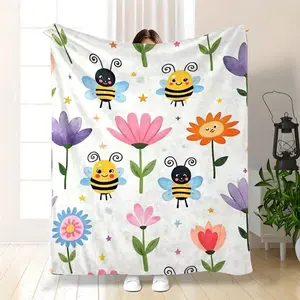 Heavyweight 280gsm & Floral Print Flannel Blanket - Pastel Bees & Honeycomb/Petal Patterns, All-Season Bedspread Suitable Home, Camping, Travel - Cozy Bedspread Or Throw, & -Care,, Valentine's Day