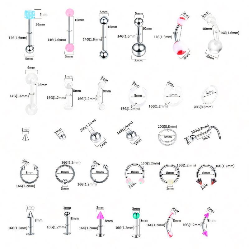 124pcs Mixed-pack Kits For All Body  Stainless Steel 14g 16g 20g And With Tools Nose Septum Lip EarBelly Button Cartilage Tragus