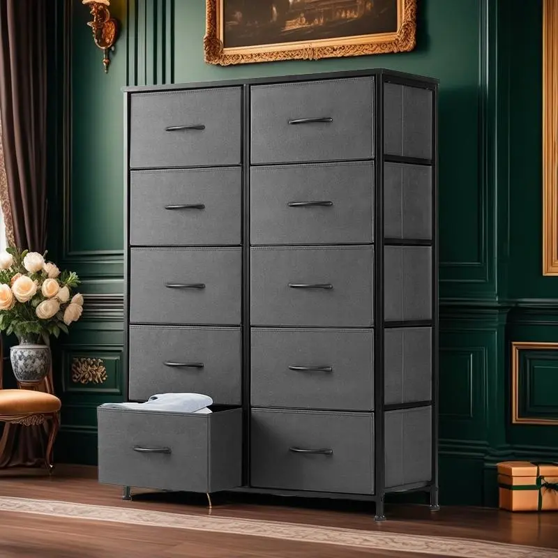 Sturdy 10-Drawer Tall Fabric Dresser, Charcoal Black Wood Grain Print Storage Unit Closet, Double Storage Tower with Bins for Bedroom, Living Room