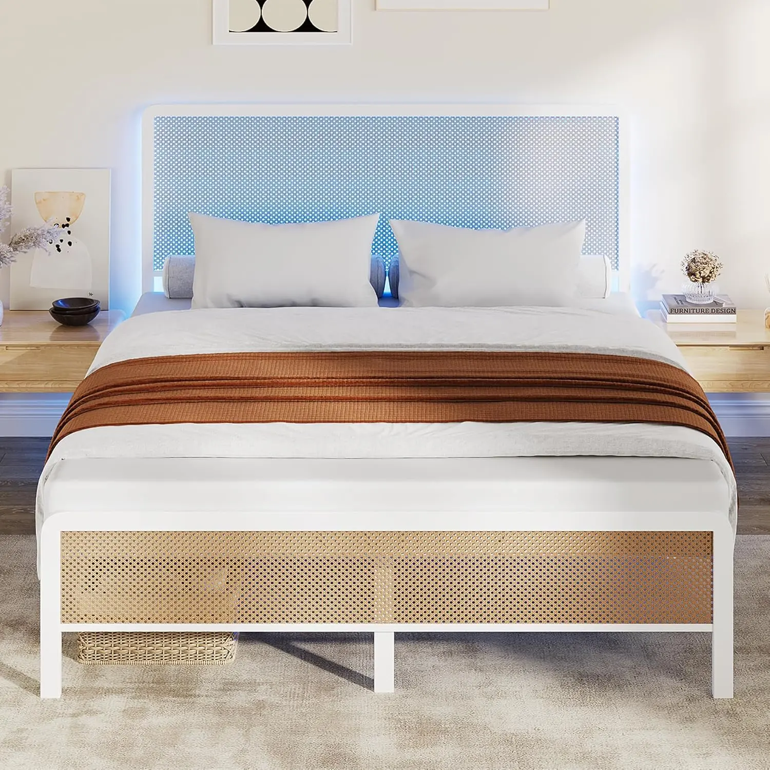 Queen Size Rustic Rattan Storage Bed Frame with Handcrafted Rattan Headboard, RGB LED Lights, Footboard, Heavy-Duty Metal Frame, Under-Bed Storage, Easy Setup, No Box Spring Needed White Mattress Foundation