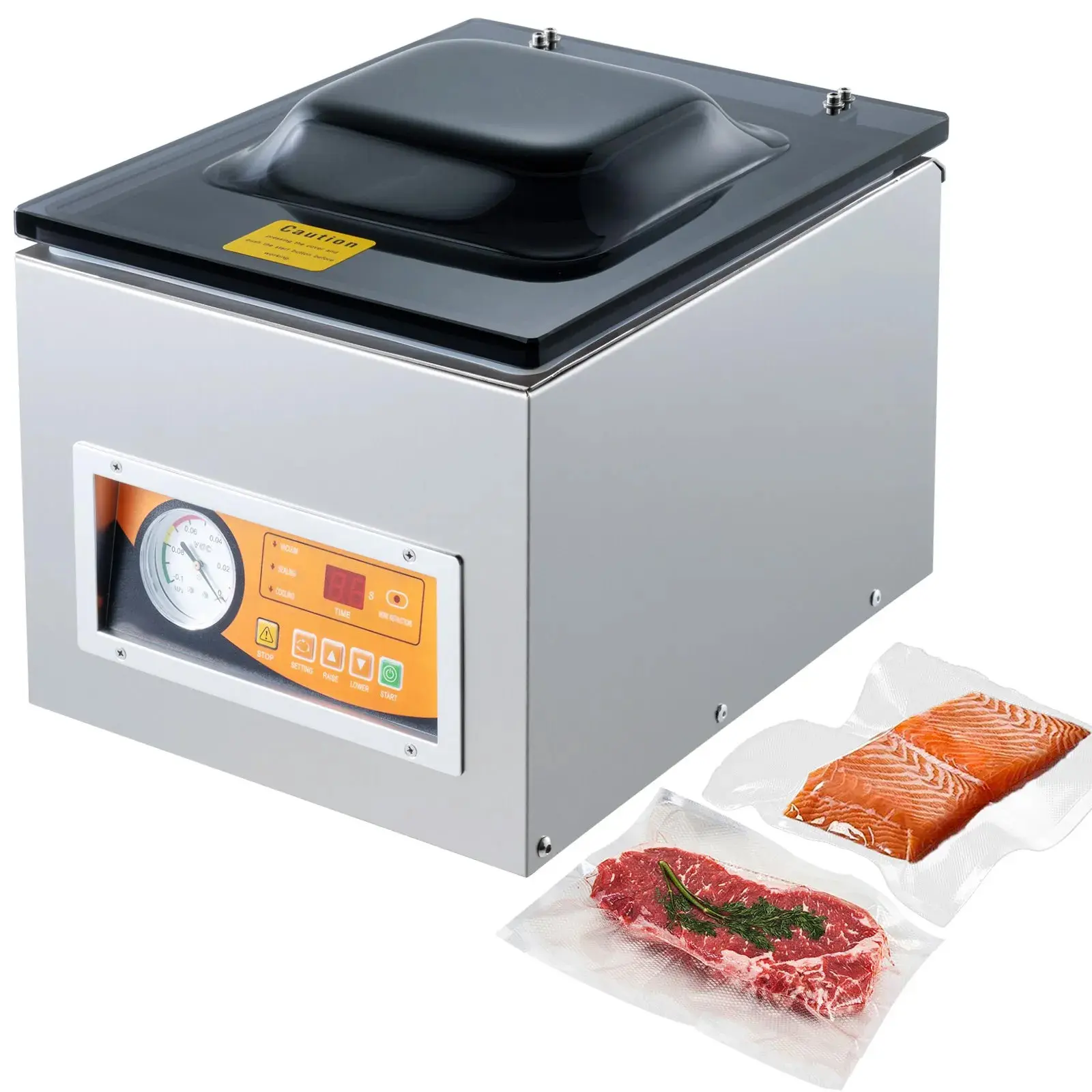 Compact Chamber Vacuum Sealer Machine, 260W Sealing Power for Home Kitchen Meat Marinade & Food Storage - Stainless Steel Dual Lock Chamber, LED Display, Real-Time Pressure Gauge, 10.2-in Sealing Length, -100kPa Max, 15.9 x 12.4 x 11.8 in, 47 lbs, Led Scr