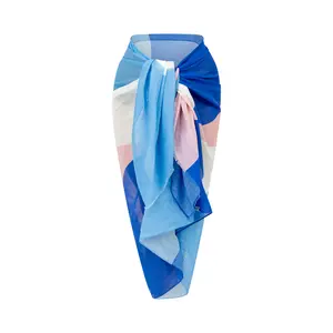 Mykonos Santorini Pareo | Sarong Beach Cover Up for Women, 100% Cotton Sheer Swimsuit Cover Up, 40"x70" Blue & Pink Sunset Print Wrap Skirt, Lightweight Beach Wrap with Fringe | Ruby Mint