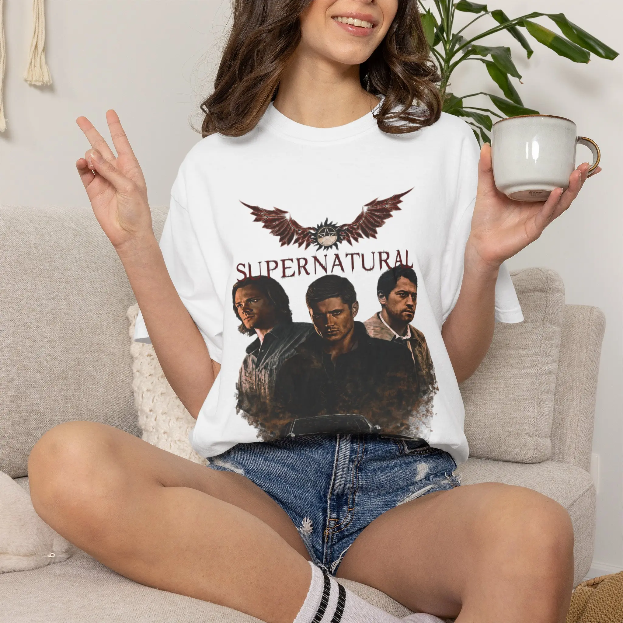 Men's Casual Short-Sleeve Graphic Tee Tops - Supernatural Cast Illustration Featuring Dean, Sam, Castiel and Impala