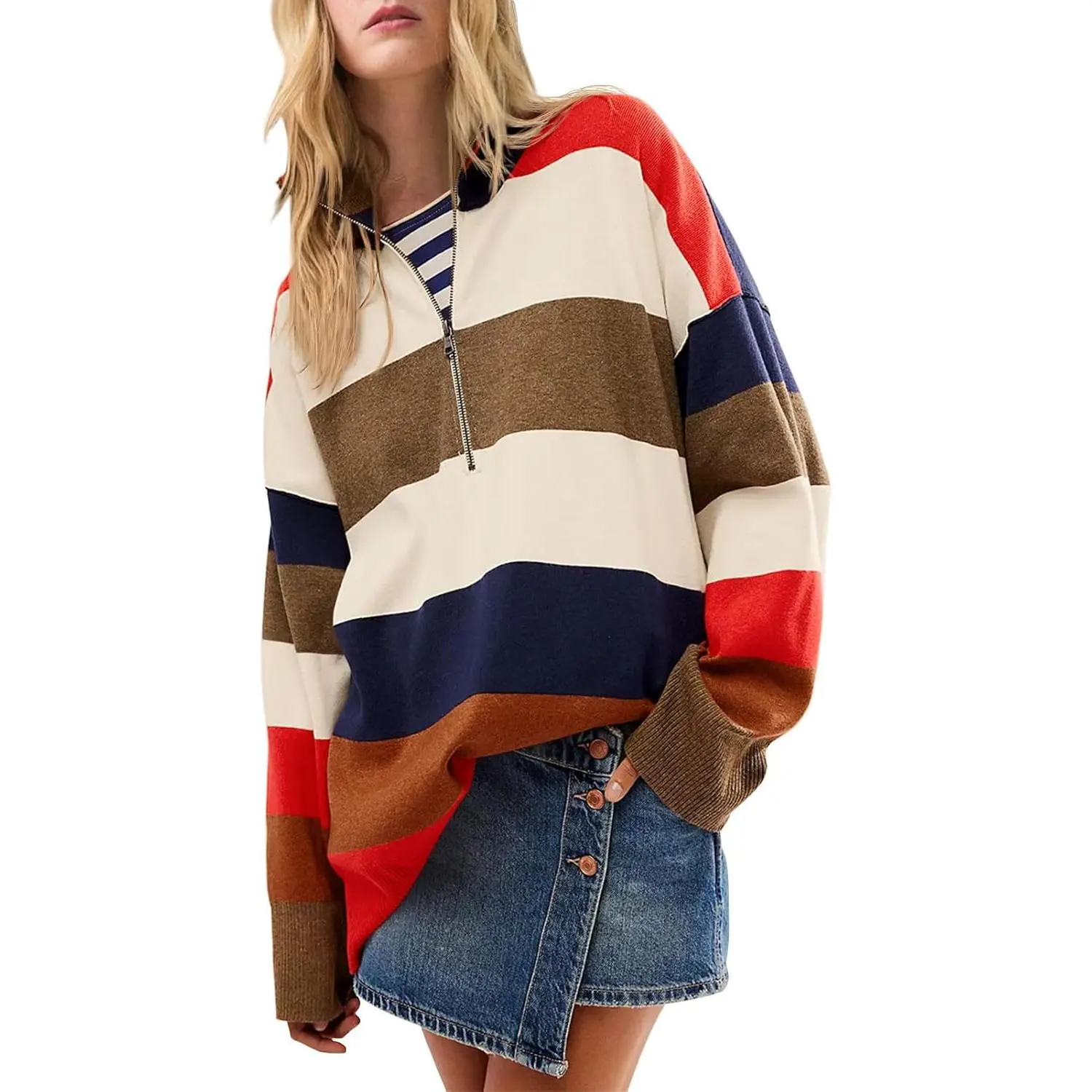 Yousify Women's Oversized Knitwear Pullover, Fall 2025 Half-Zipper Turtleneck, Loose Long-Sleeves Casual Tops, S-2XL