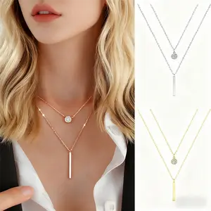 Tiktok Viral Style Layered Necklace | Geometric Bar & Pave Disc Pendant Chain | US Trendy Minimalist Choker for Women
