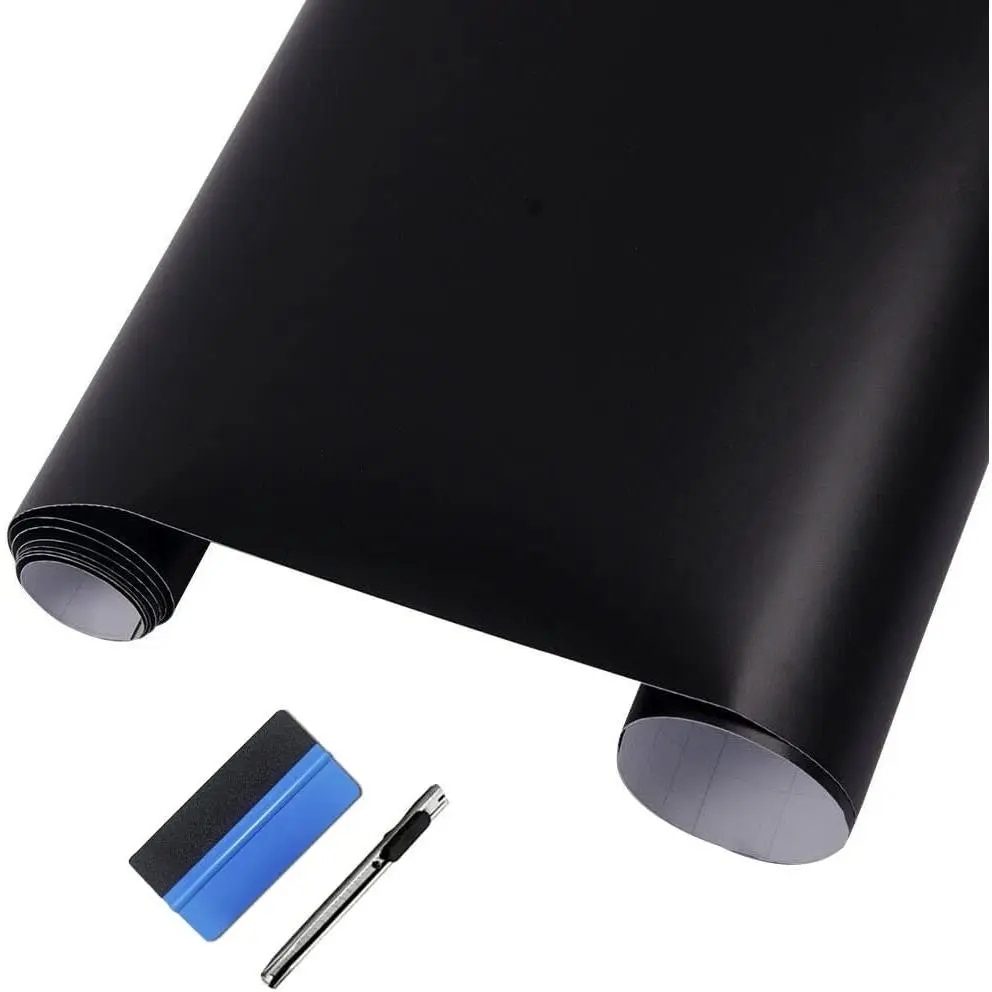 Matte Black Vinyl Wrap Self Adhesive Air Release Bubble - Outdoor Rated for Automotive Use - 12" x 60"  + Hand Tool (1FT X 5FT)