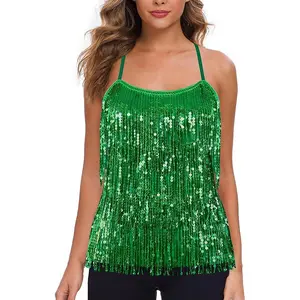 Women’s Sequin Fringe Top Sparkly Party Tank Top Tassel Trim Cami