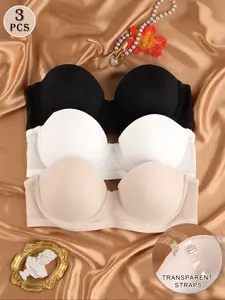 4-Piece Set Invisible Strapless Lingerie Bras, Multicolor Transparent Back Straps, Gathered Anti-Slip Cups, Daily Wear Wedding Dress Essential Womenswear