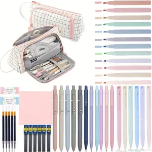 44-Piece Stationery Set Includes: - Diagonal-striped triangular pencil case - 12 highlighters - 11 gel pens with refills - 6 mechanical pencils - 2 erasers - 1 sticky note pad Essential for studying School Supplies