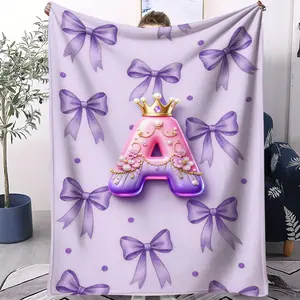 Princess Style Exclusive Letter Custom Print Fleece Blanket, A-Z Design, Purple Bowknot & Polka Dot Background, Car Travel Camping Office Nap Throw Cover, Thick Skin-Friendly, Home Decor or Gift Choice