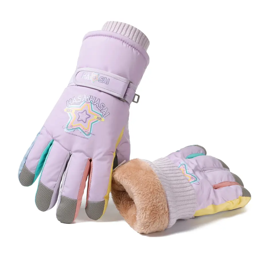 Pastel Purple Star Print Ski Gloves, Waterproof Thick Fleece Lined Thermal Snow Gloves for Girls