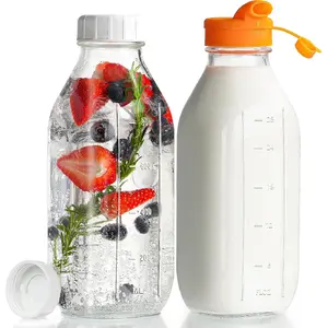 32 oz  Glass Milk Bottles with  Dispenser Cap, 2 Pack Glass Jars with Airtight Screw Lid, Leak Proof Juice Bottles with Scale Mark Breastmilk Storage Container for Fridge