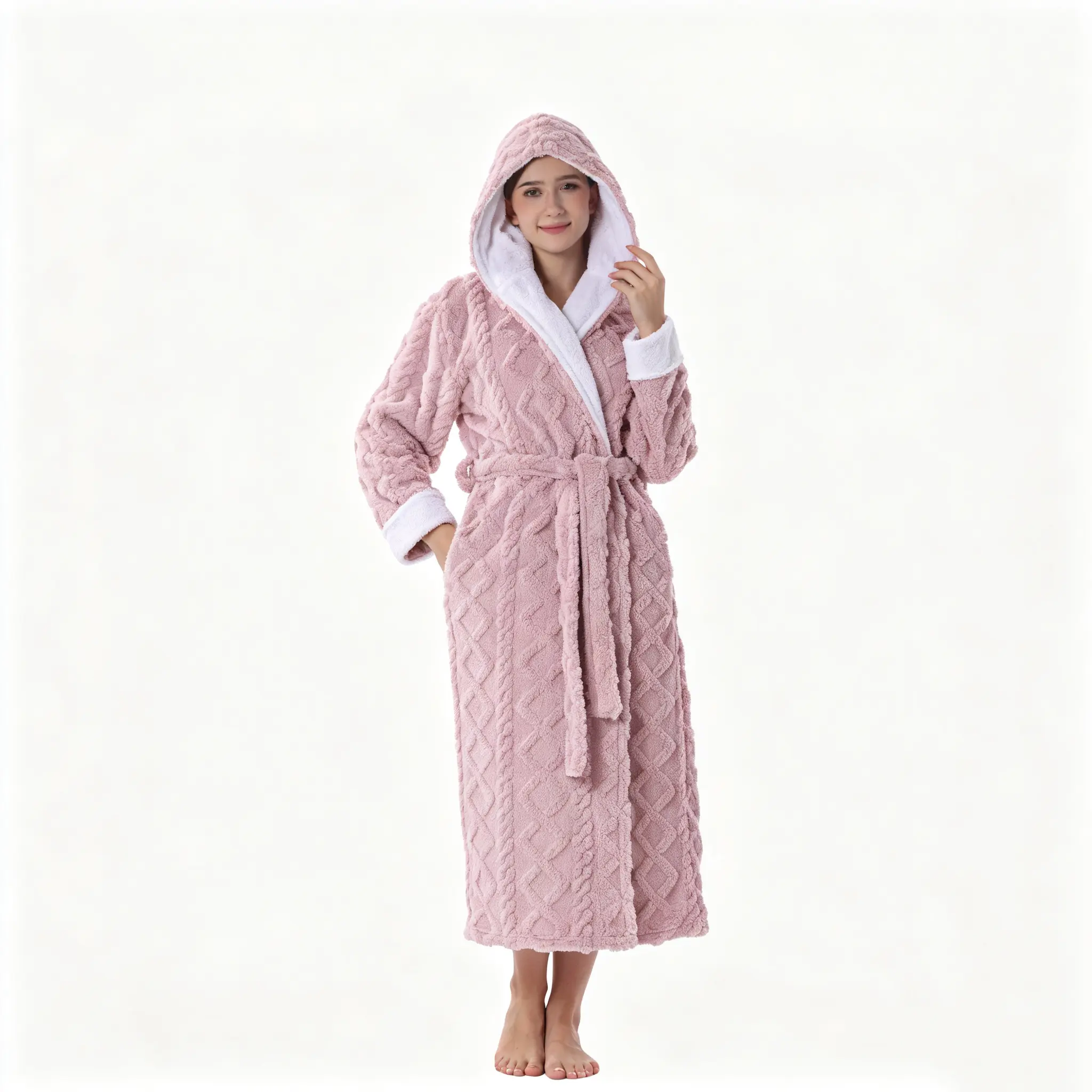 Women Hooded Fluffy Fleece Bathrobe, Floor Length Thick Warm Winter Housecoat, Soft Plush Long Robe for Shower Spa Lounging