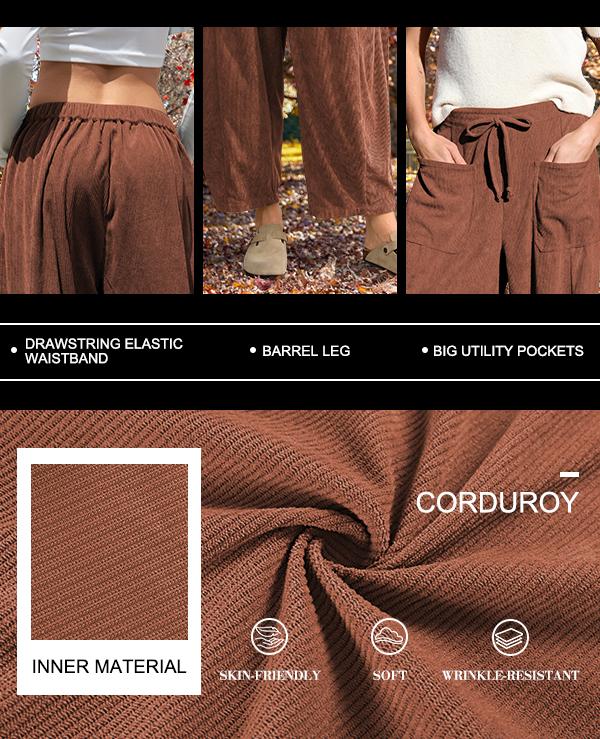 TARSE Women’s Corduroy Wide Leg Pants Baggy Minimalist Boho Pants Casual Elastic Waisted Palazzo Harem Pants with Pockets Trendy Barrel Trousers Halloween Womenswear Loose
